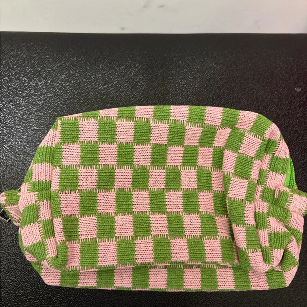 AKA Pink and Green Checkered Knit Cosmetic Pouch